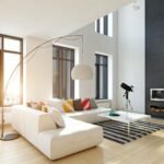 Modern apartment decor with a cozy neutral living room, indoor plants, and stylish furniture