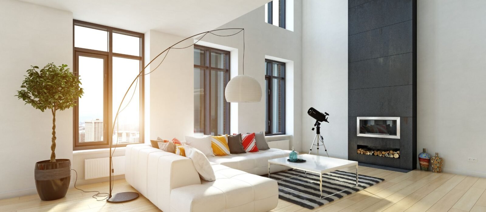 Modern apartment decor with a cozy neutral living room, indoor plants, and stylish furniture