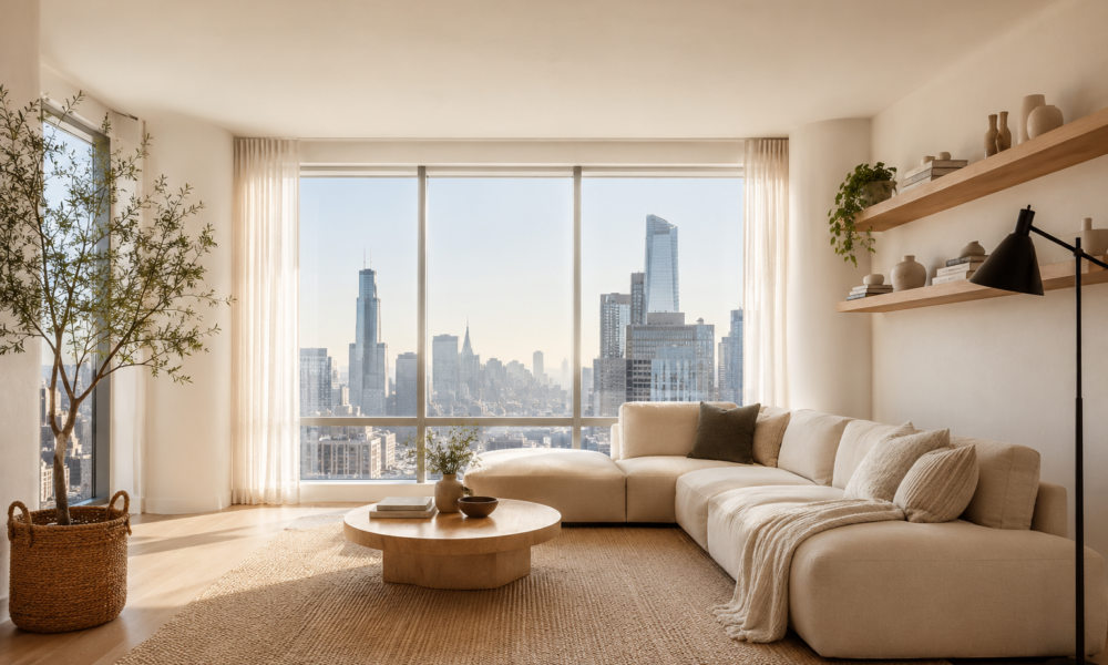 Modern small apartment living room with a cozy cream couch, natural light, wood furniture, and smart space-saving decor ideas