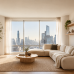 Modern small apartment living room with a cozy cream couch, natural light, wood furniture, and smart space-saving decor ideas