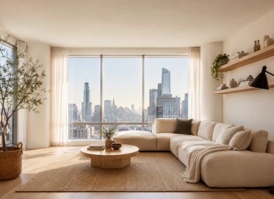 Modern small apartment living room with a cozy cream couch, natural light, wood furniture, and smart space-saving decor ideas