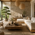 Modern Japandi living room with natural wood furniture, beige sofa, linen curtains, indoor plants, and minimalist home decor