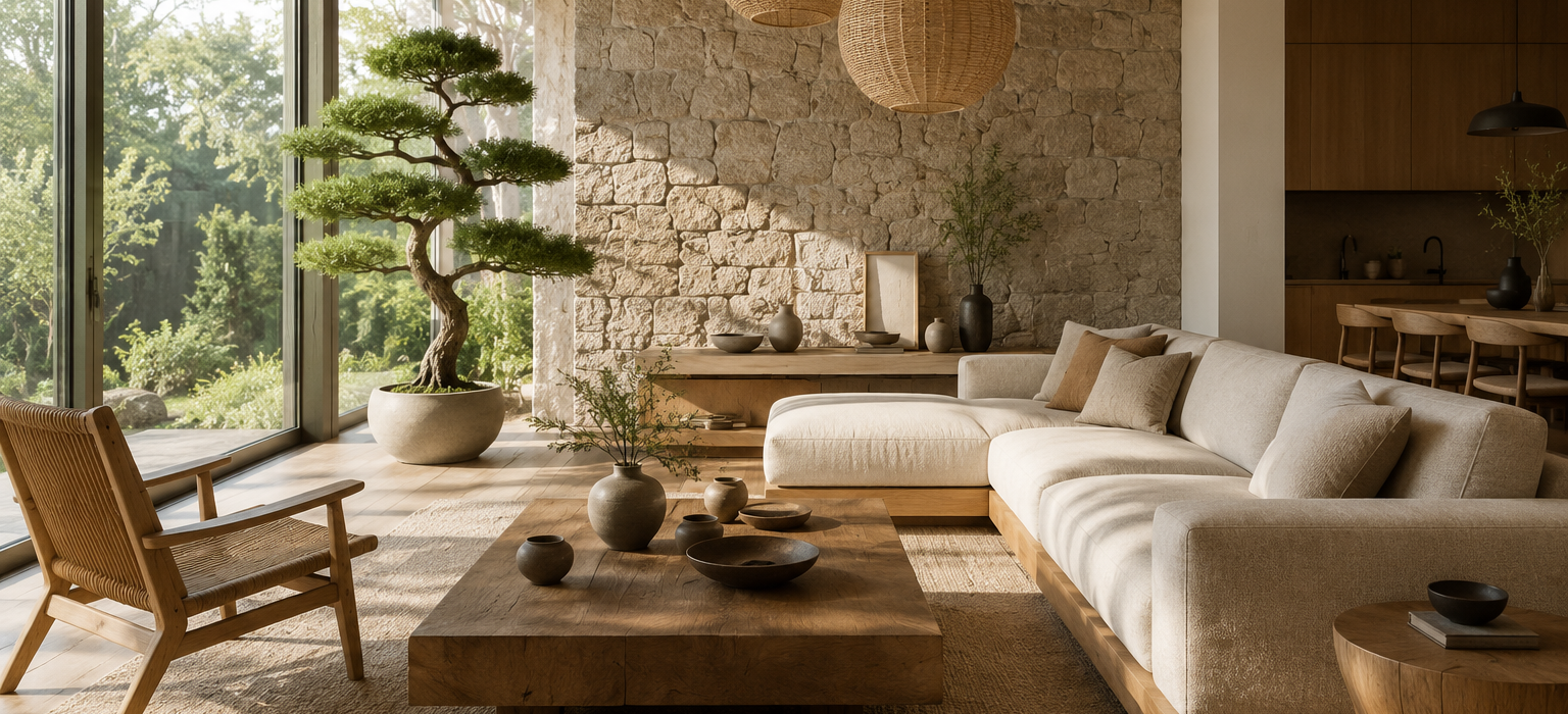 Modern Japandi living room with natural wood furniture, beige sofa, linen curtains, indoor plants, and minimalist home decor