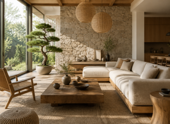 Modern Japandi living room with natural wood furniture, beige sofa, linen curtains, indoor plants, and minimalist home decor