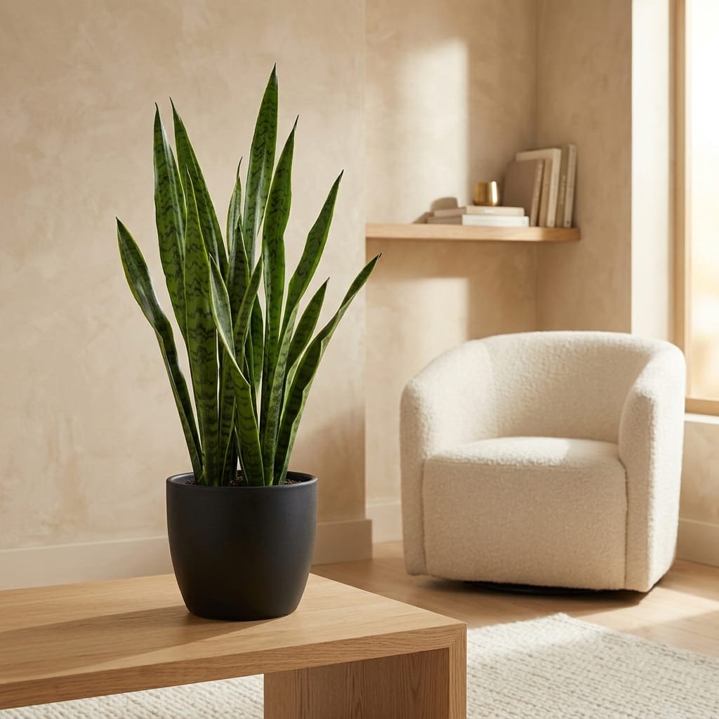 snake plant adds a netural touch to modern bedroom decor