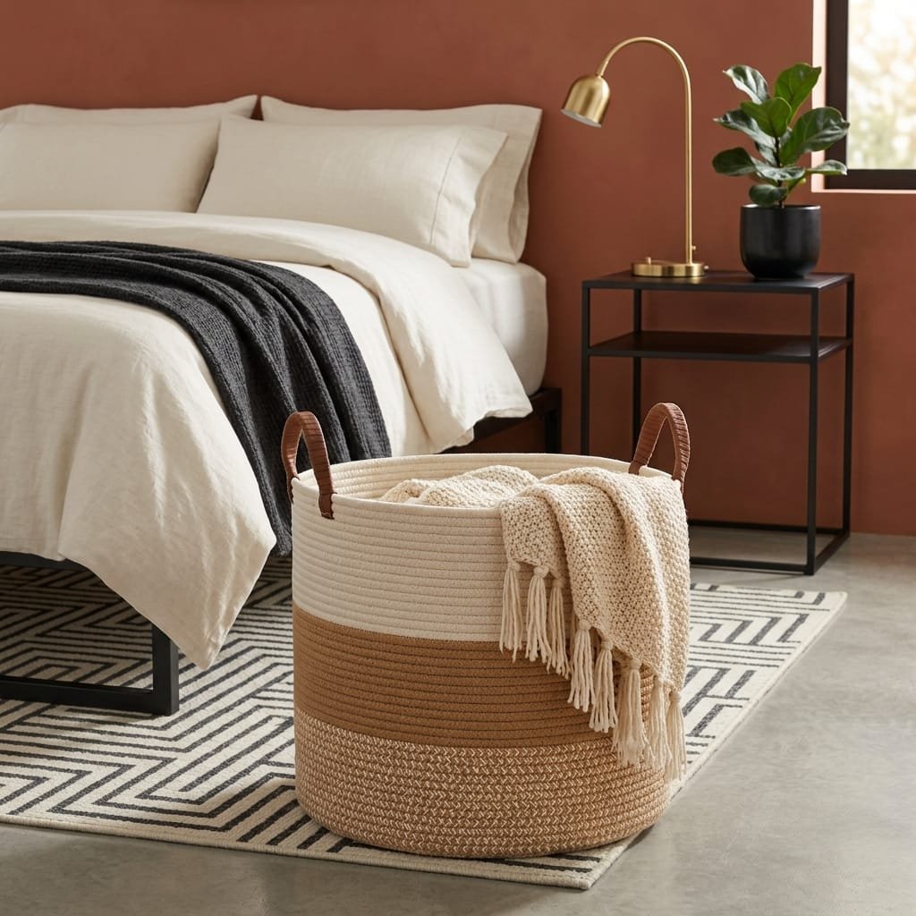 Modern bedroom with woven basket