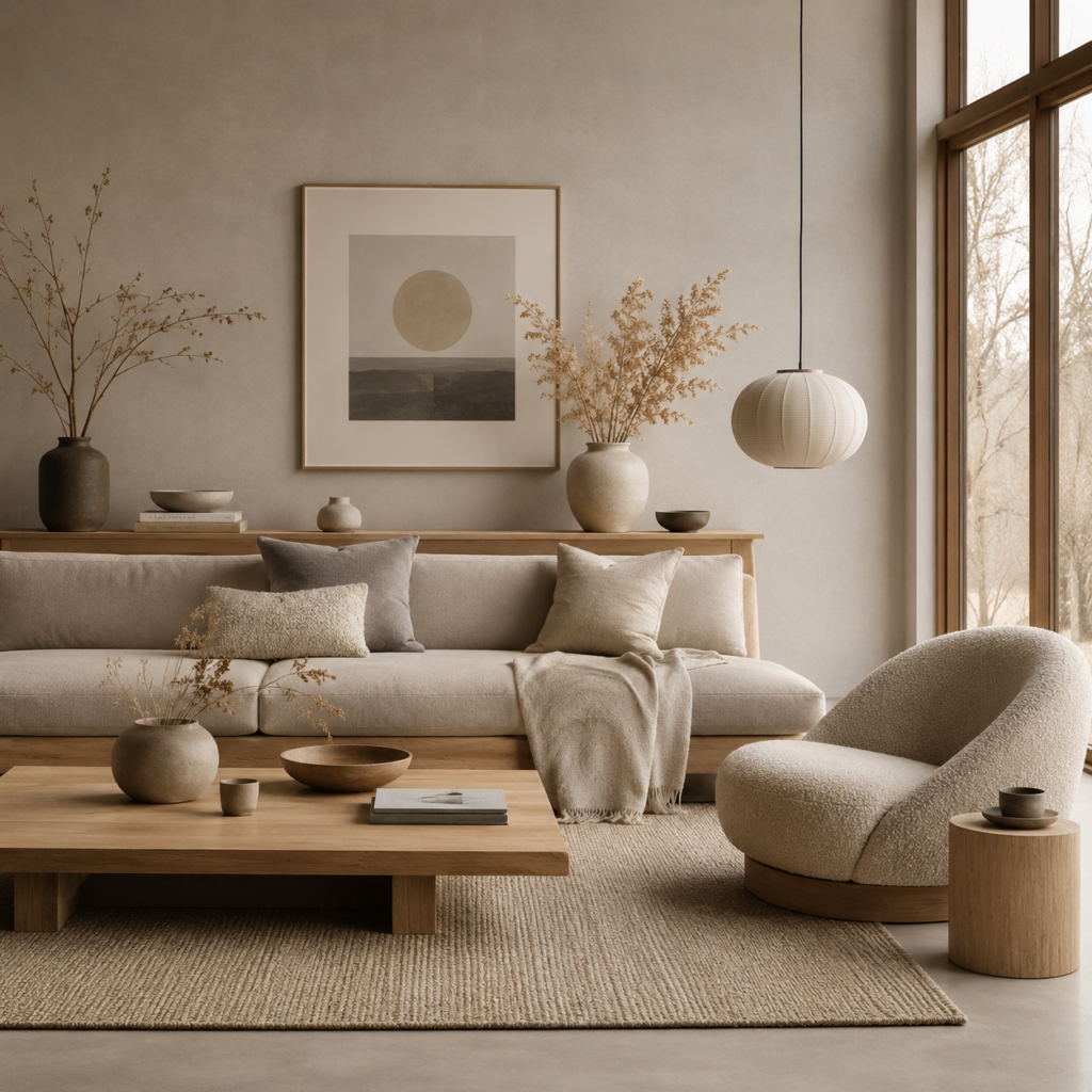 Neutral Japandi living room with beige and gray tones, natural wood furniture, and minimalist decor