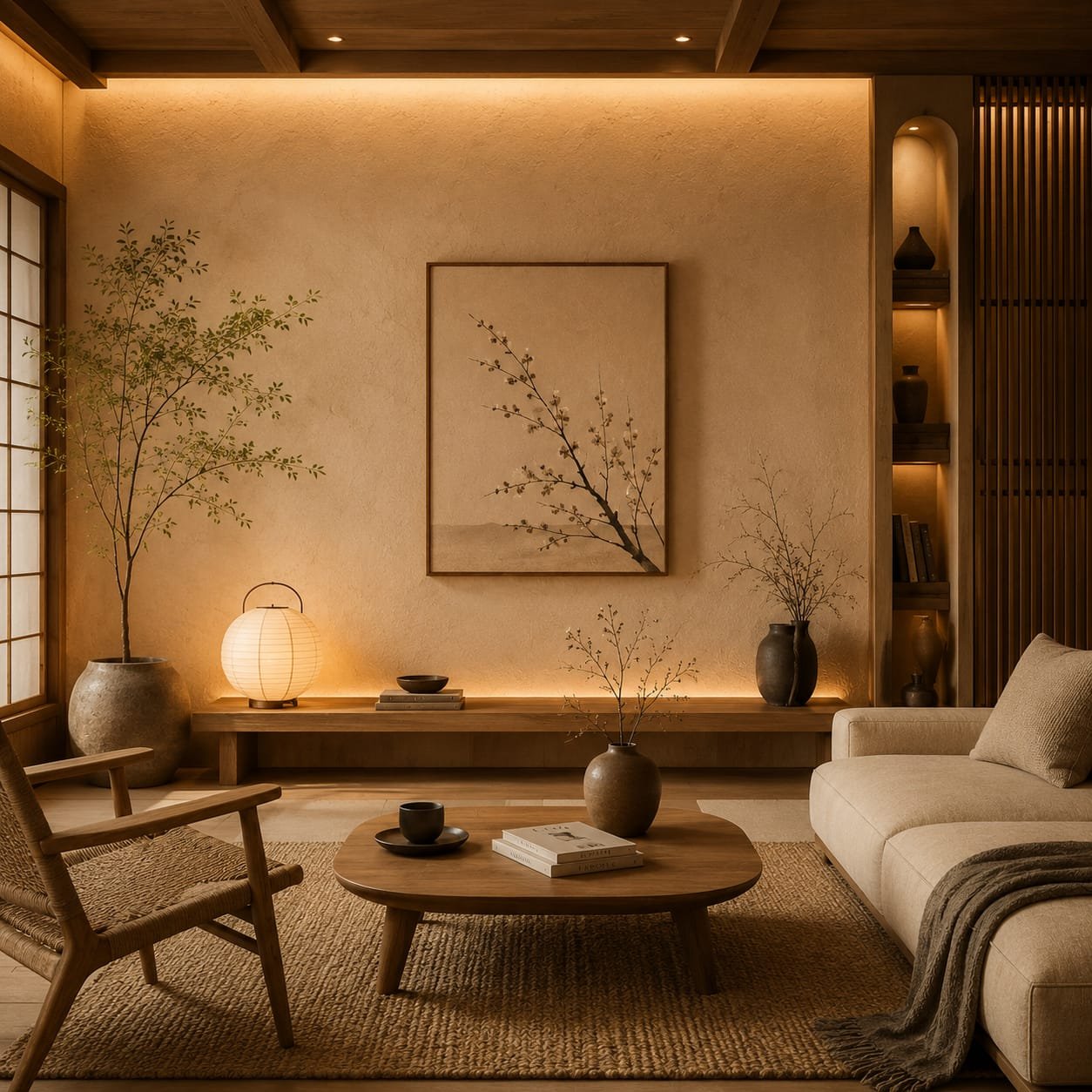 Japandi bathroom with bamboo accessories, natural stone accents, and minimalist spa-inspired decor