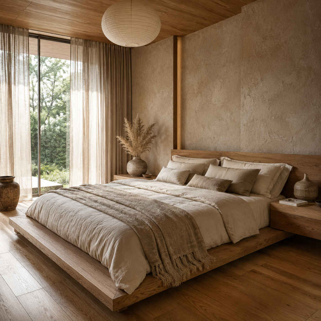 Cozy Japandi bedroom with natural linen bedding, wooden platform bed, and soft neutral decor