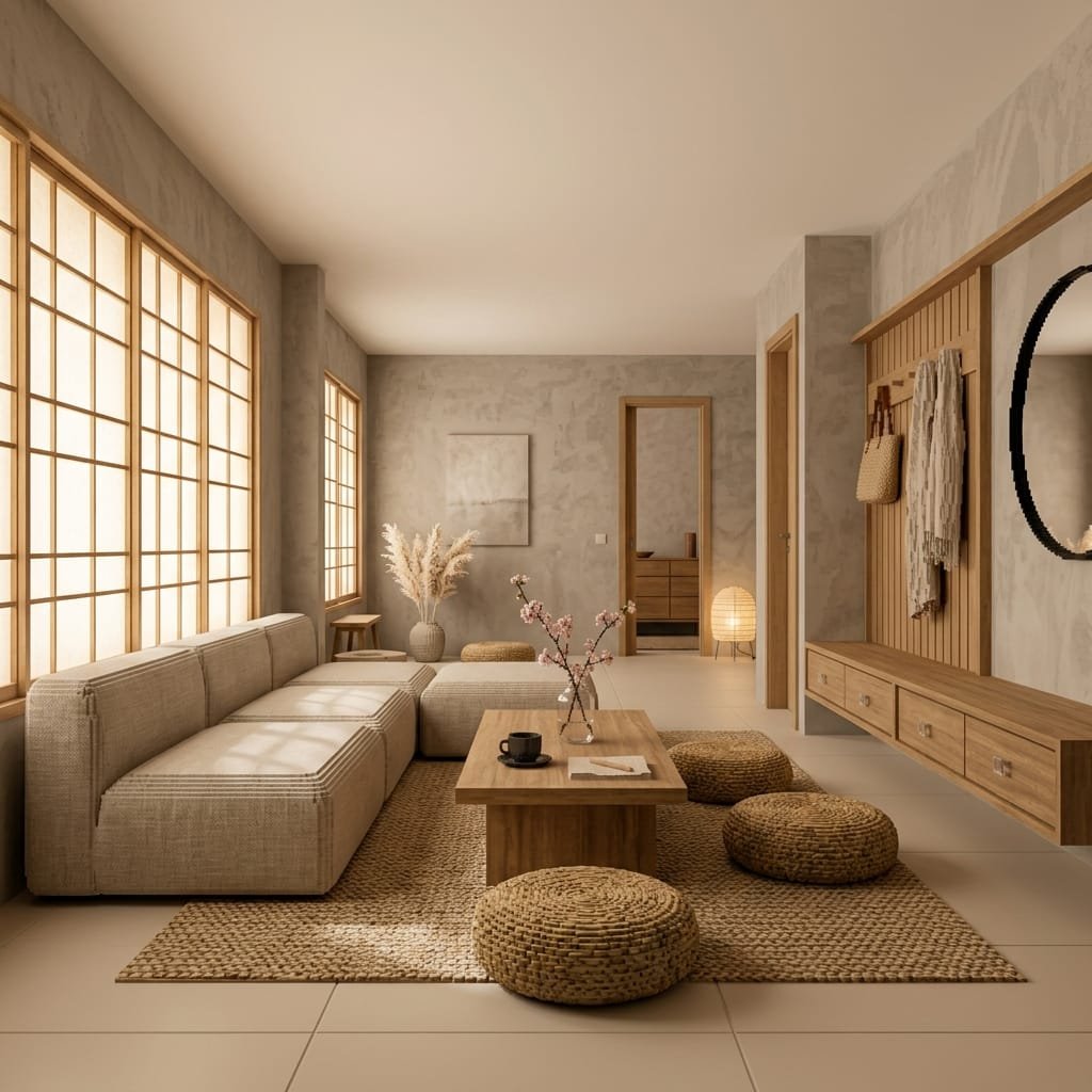 Calm Japandi living room with low-profile furniture, natural wood accents, and soft neutral decor