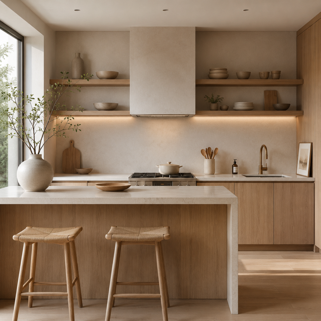 Clean Japandi kitchen with minimal open shelves, light wood cabinets, and neutral decor