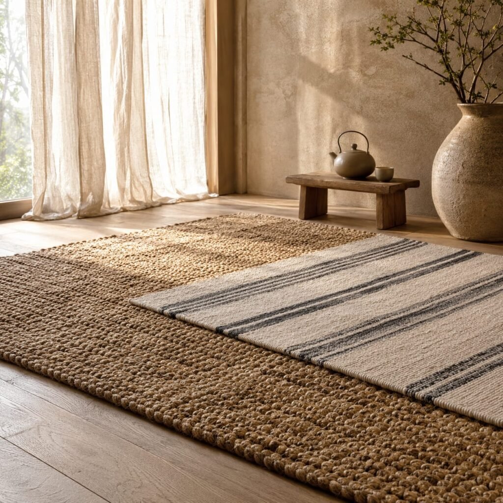 Japandi living room with a natural fiber rug, wooden furniture, and soft neutral decor