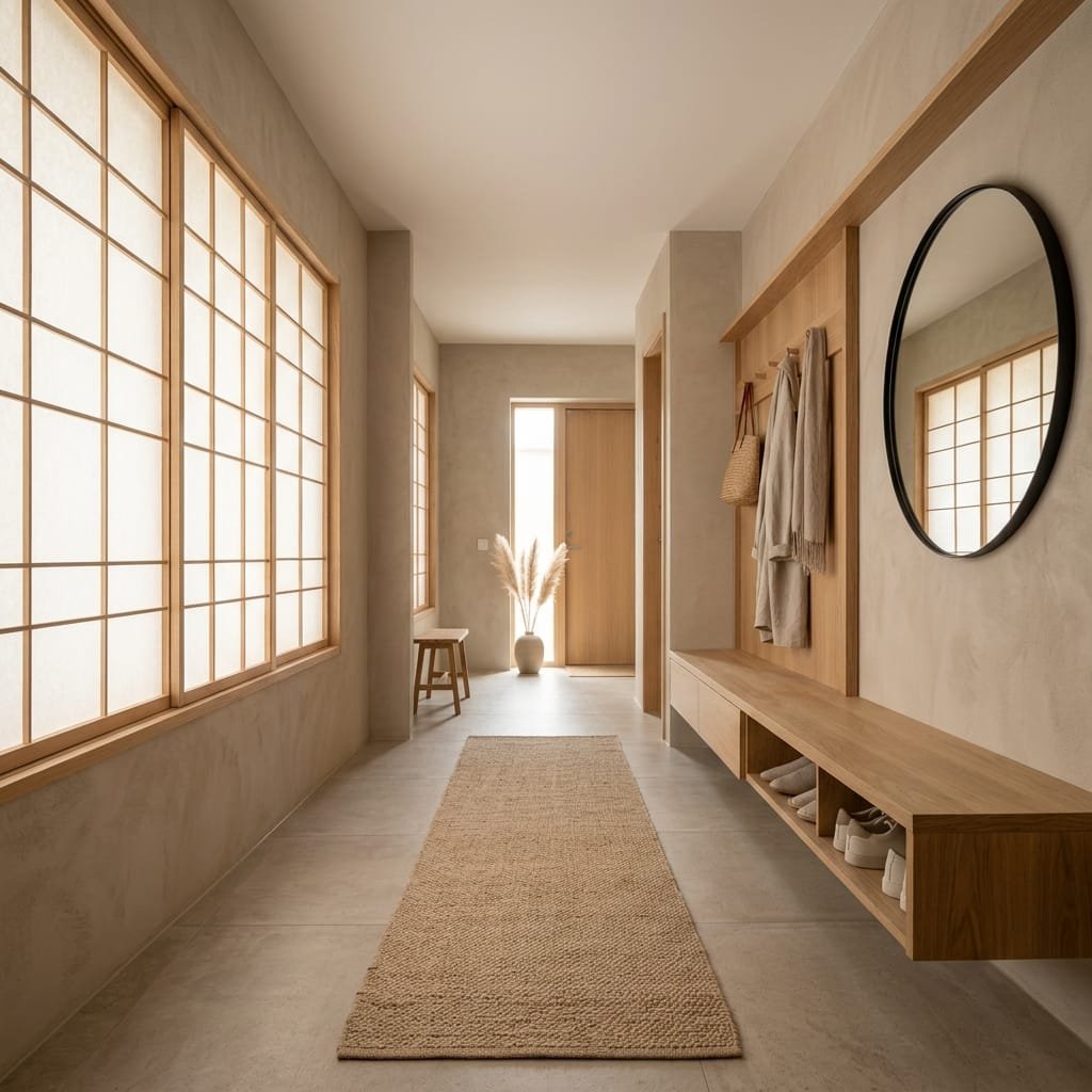 Simple Japandi entryway with functional storage, wooden bench, woven baskets, and minimalist decor
