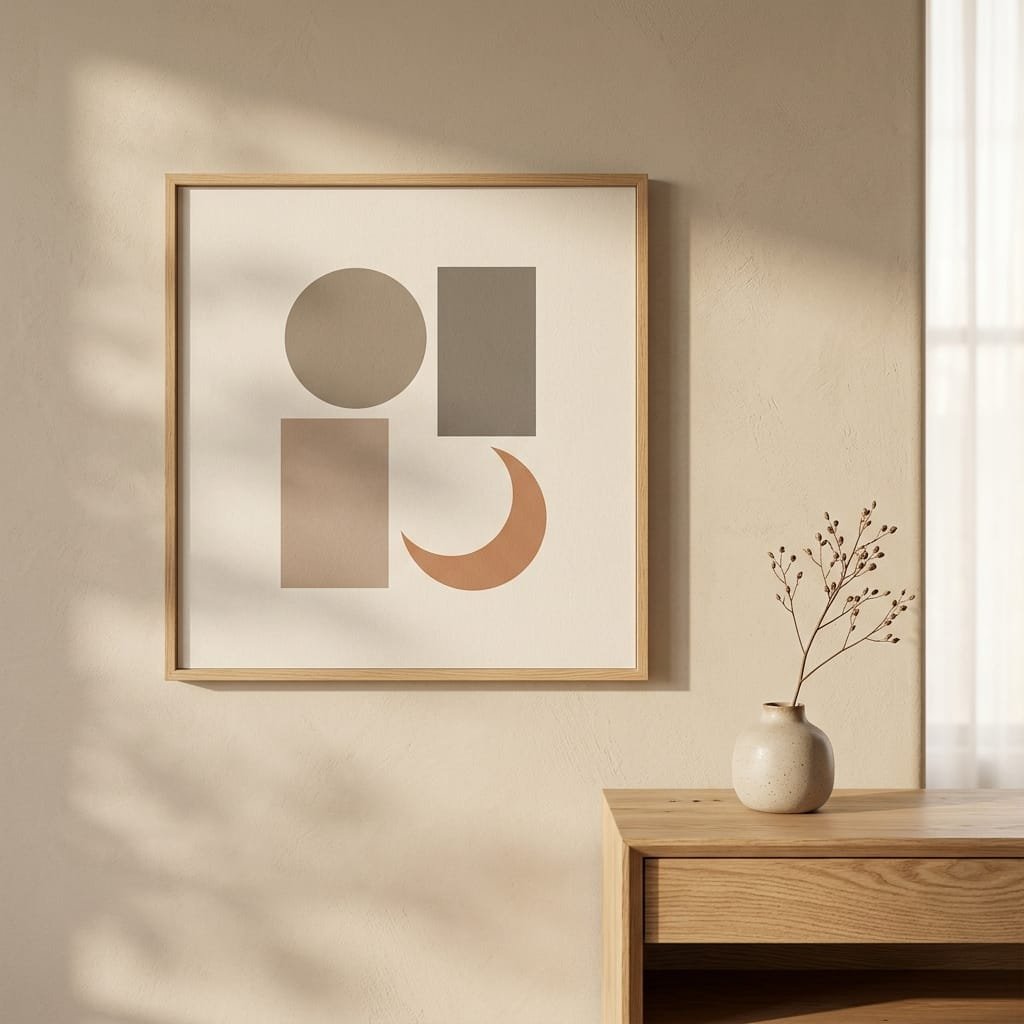 Japandi wall decorated with simple minimalist artwork, natural wood accents, and neutral decor