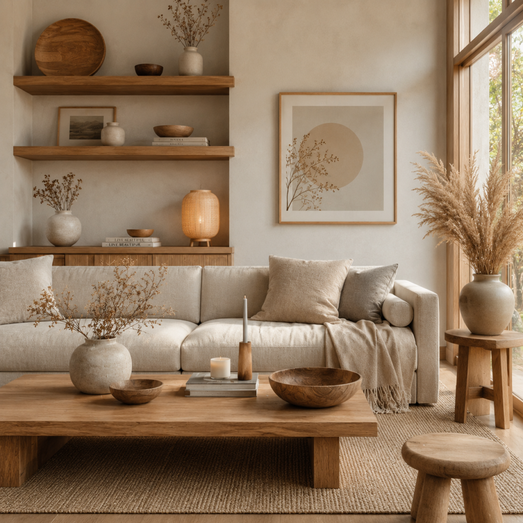 Warm Japandi lighting with soft ambient glow, natural wood accents, and cozy minimalist decor