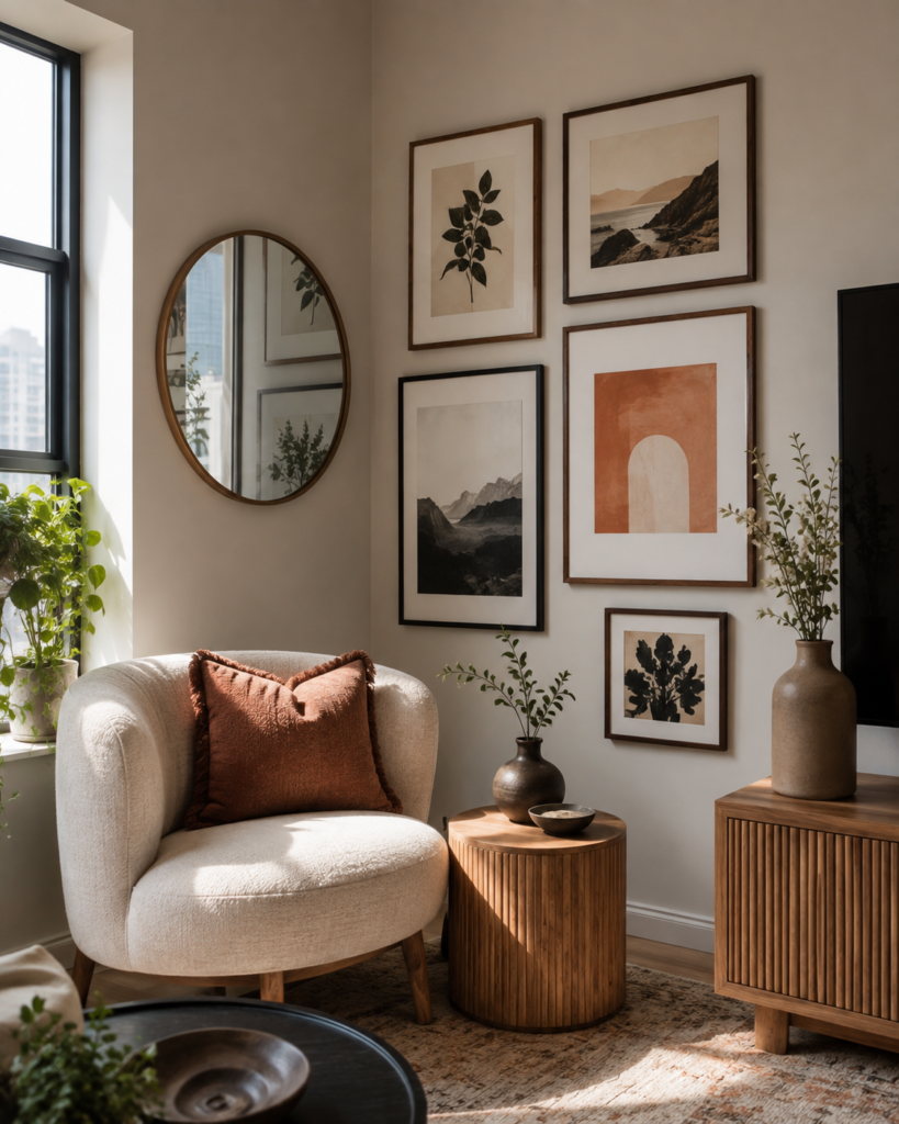 cozy reading nook with boianical prints and chair

