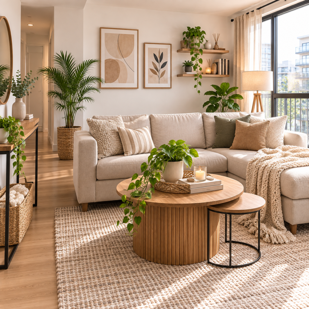 Modern small apartment living room with space-saving furniture.