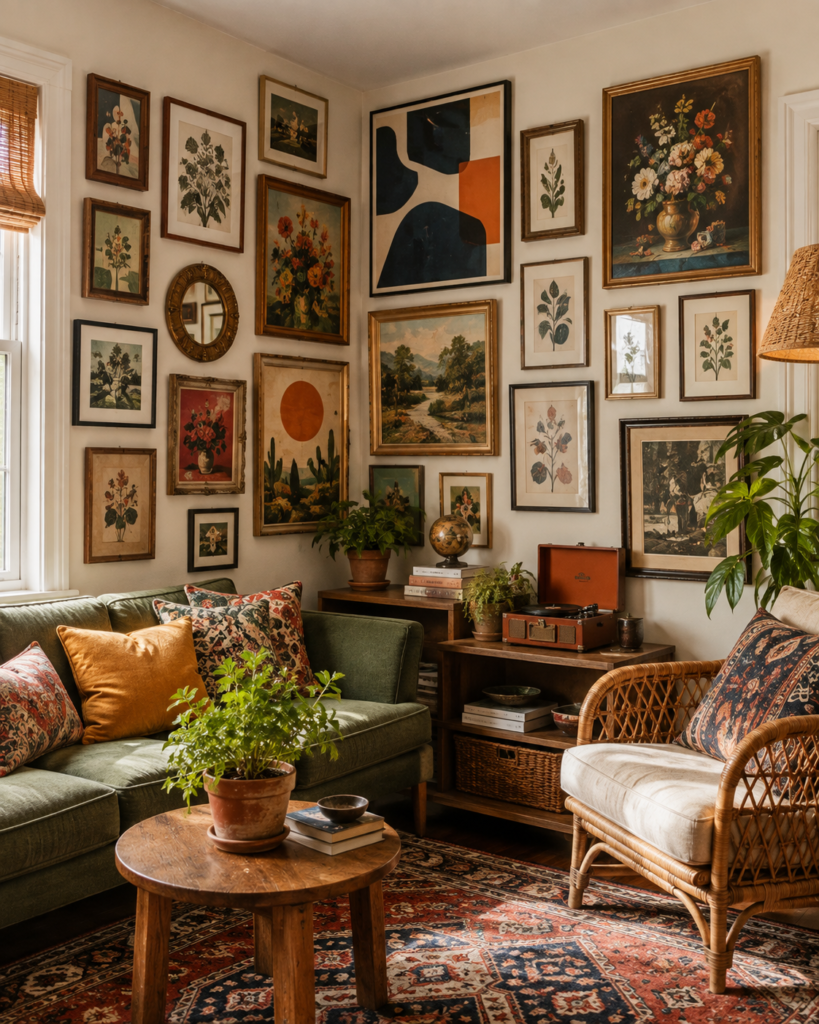 affordable gallery wall with colorful vintage prints