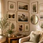Cozy corner gallery wall with framed artwork, family photos, and natural wood frames