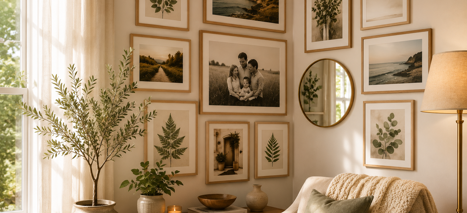 Cozy corner gallery wall with framed artwork, family photos, and natural wood frames