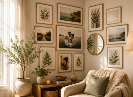 Cozy corner gallery wall with framed artwork, family photos, and natural wood frames