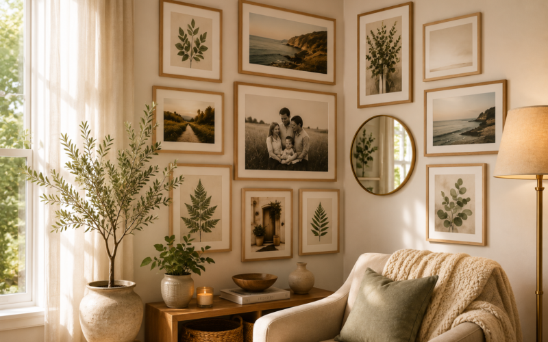 Cozy corner gallery wall with framed artwork, family photos, and natural wood frames