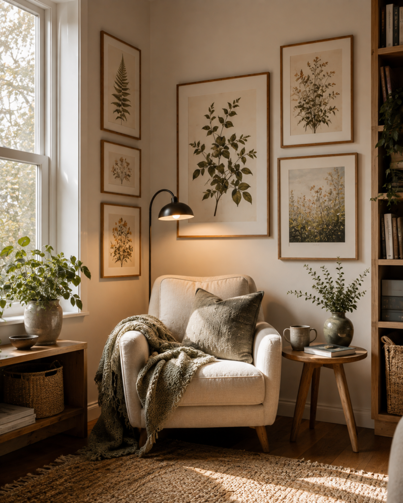 Cozy reading nook beside a window with botanical gallery wall, cream armchair, wooden side table, floor lamp, indoor plants, and warm natural light