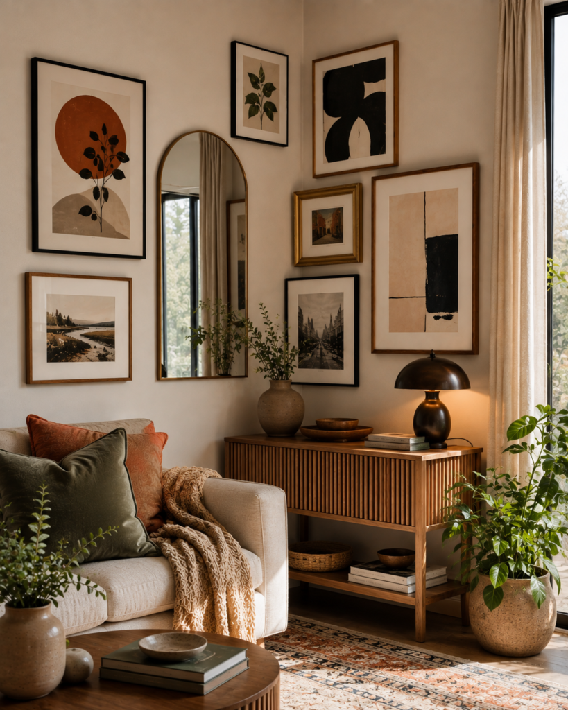 gallery wall with small round mirror and abstract art