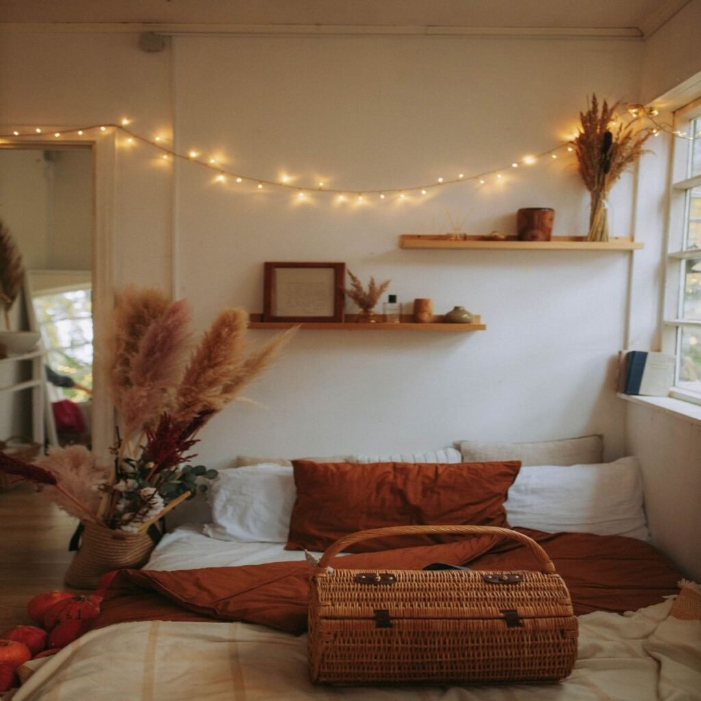 small rental bedroom with fairy lights layered lighting idea and wicker basket