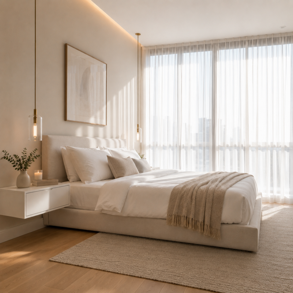 Floating nightstands in small bedroom