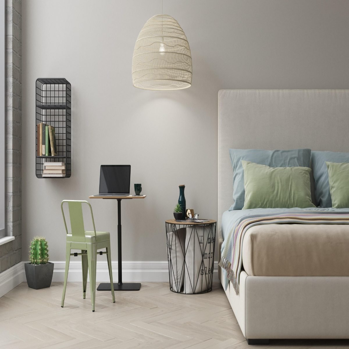 Modern bedroom featuring a statement ceiling light and stylish neutral decor