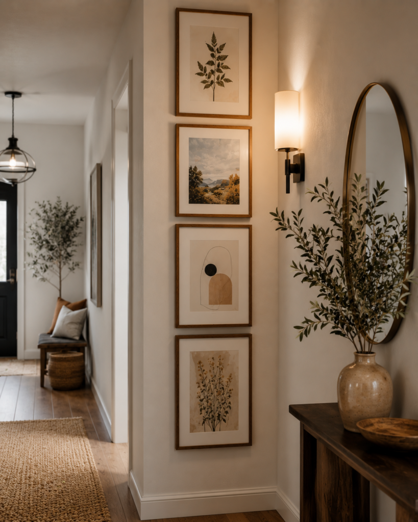 vertical frames in a narrow corner beside doorway