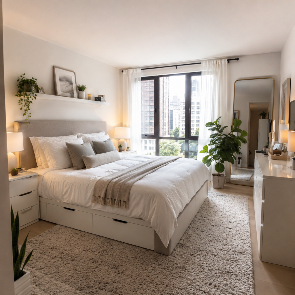 Modern small apartment bedroom with space-saving furniture