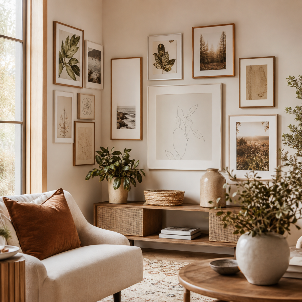 Warm neutral gallery wall with natural wood frame
