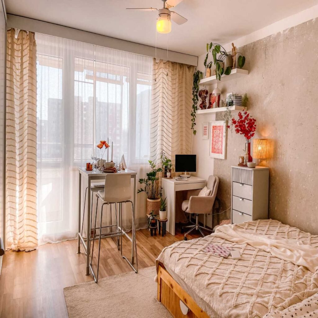cozy rental small bedroom interior final result with bed desk and plants
