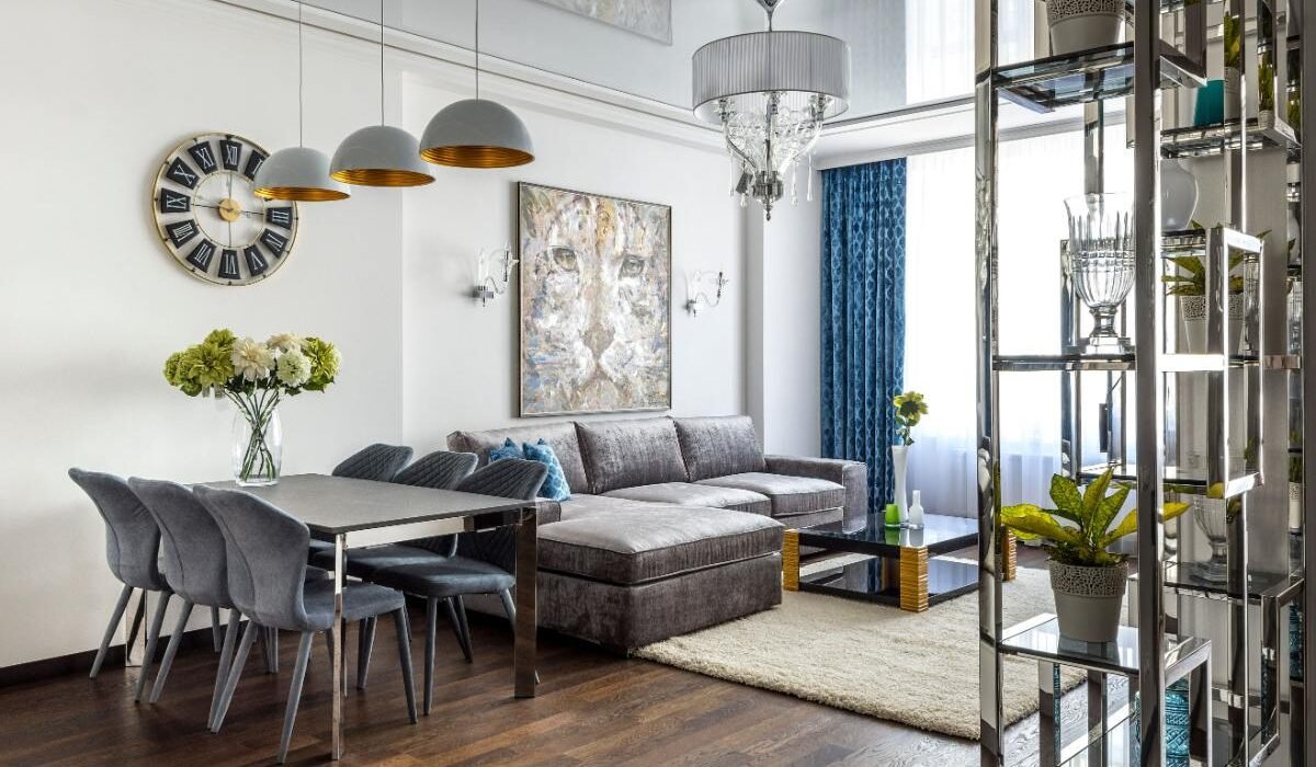 Chrome home decor accessories styled in a modern living room