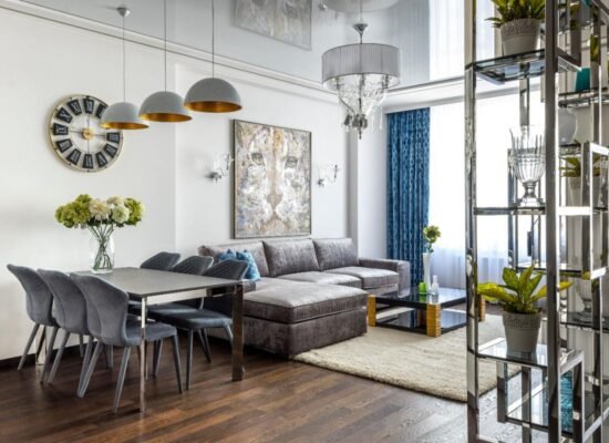Chrome home decor accessories styled in a modern living room