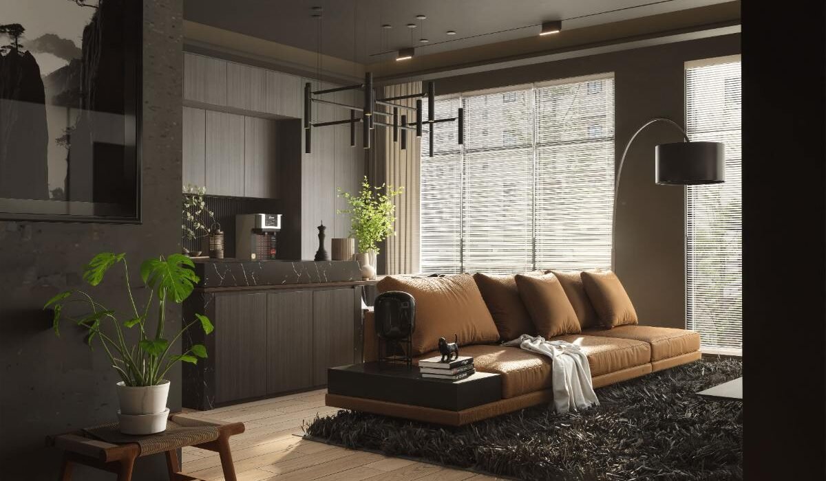 Dark boho living room with warm lighting, natural textures, plants, and earthy decor