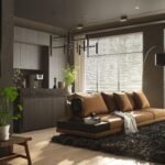 Dark boho living room with warm lighting, natural textures, plants, and earthy decor