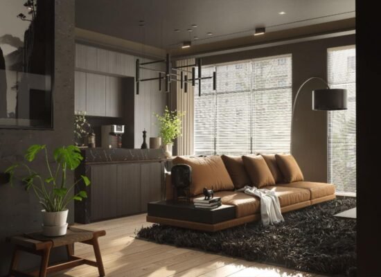 Dark boho living room with warm lighting, natural textures, plants, and earthy decor