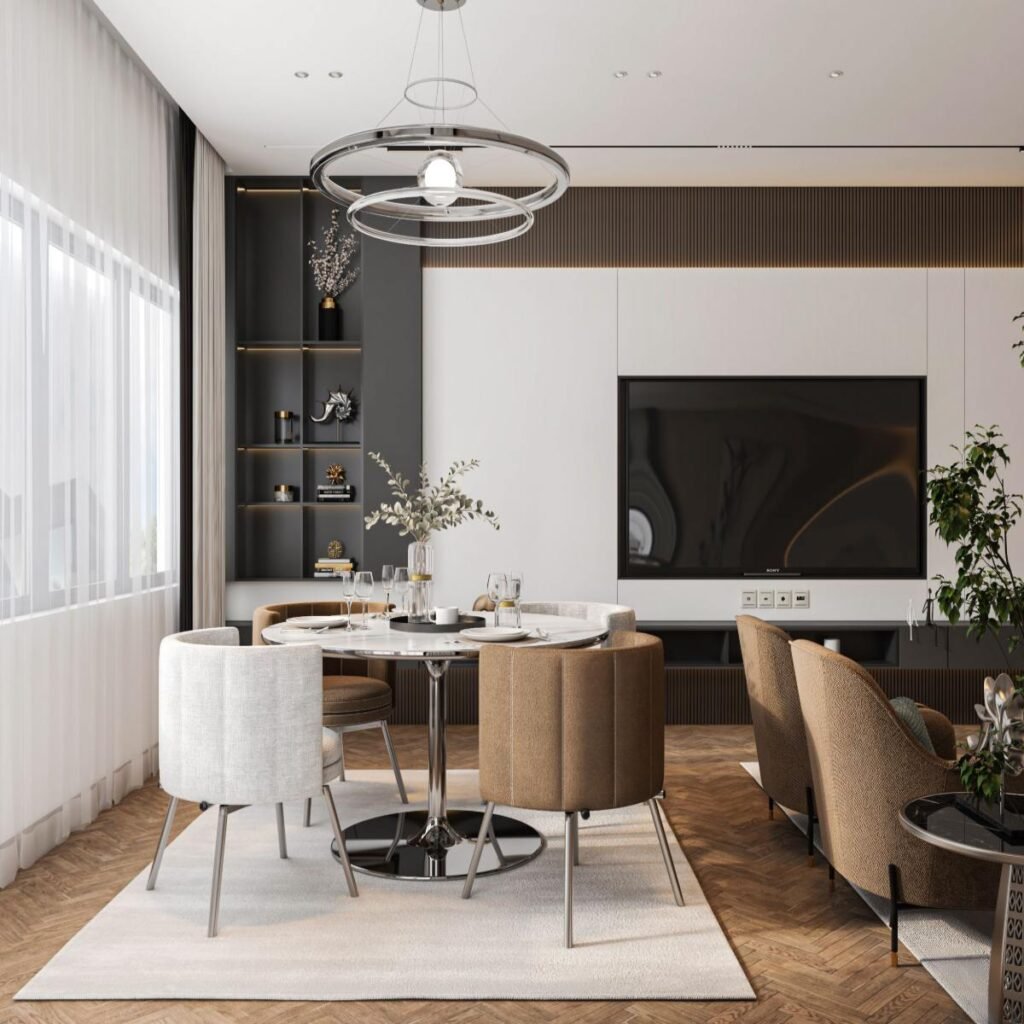 Modern living room with chrome home decor accessories