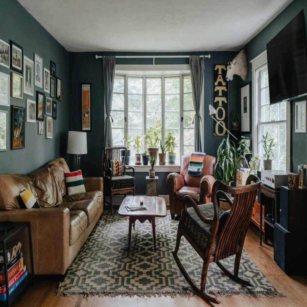 Dark boho living room with a vintage-style rug and warm earthy decor